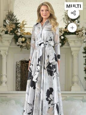 Mother of the Bride Maxi Shirt Dress with Abstract Print in Gray, Black & Cream
